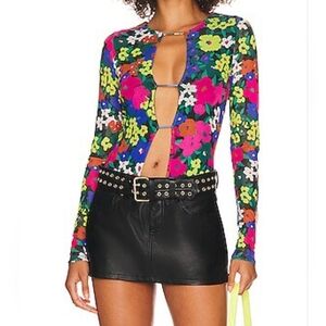 AFRM Kaya Long Sleeve Front Cutout Thong Bodysuit in Neon Night Garden, XXS